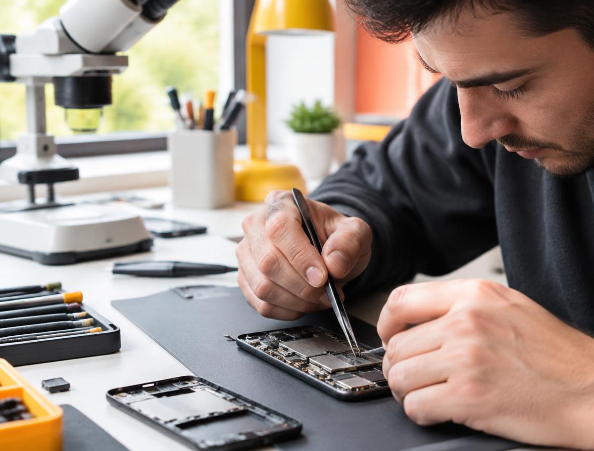 Technicien Samstech réparant un smartphone